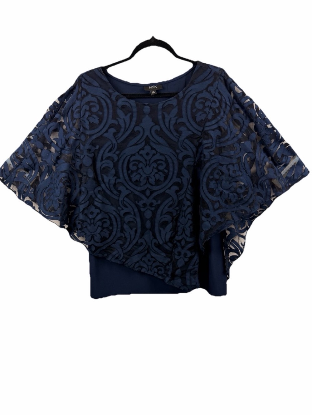 MSK Women's Top Sz XL Navy Embroidered Overlay Cape Blouse